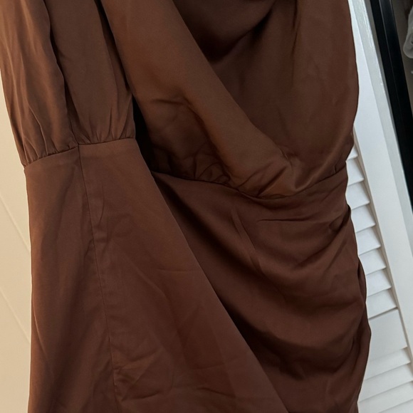 Chocolate satin midi dress. Off shoulder.  Midi length. Never once. - Picture 7 of 10